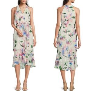 Adrianna Papell Cream Floral Watercolor Halter Midi Dress